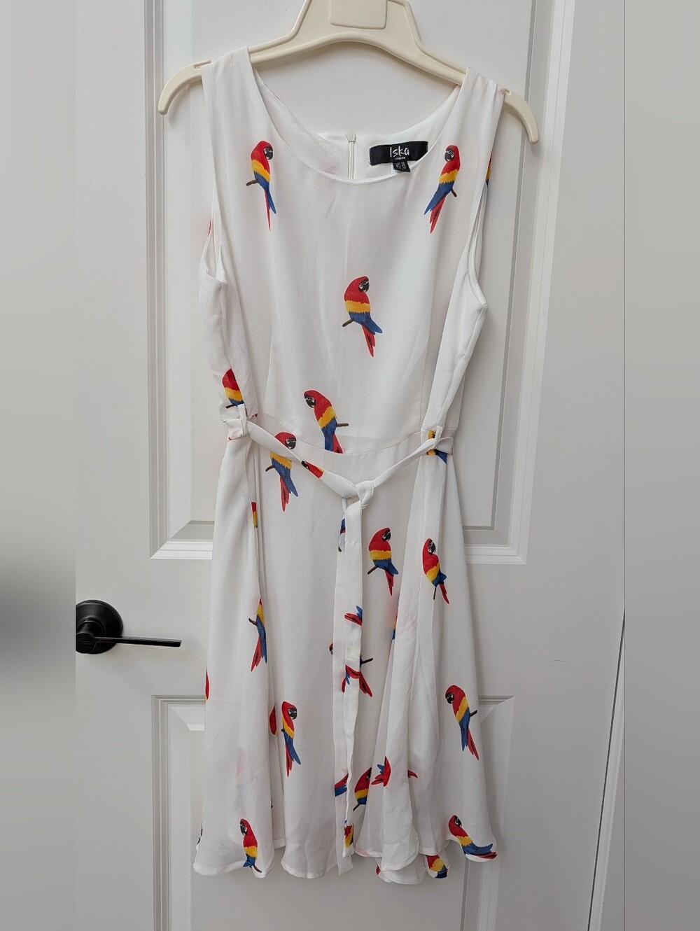 Iska London White Midi Dress with Red, Yellow & Blue Parrot Motif